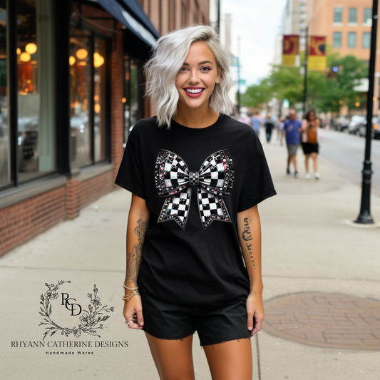 black comfort colors tee, checkered bow graphic tee, woman wearing black tshirt