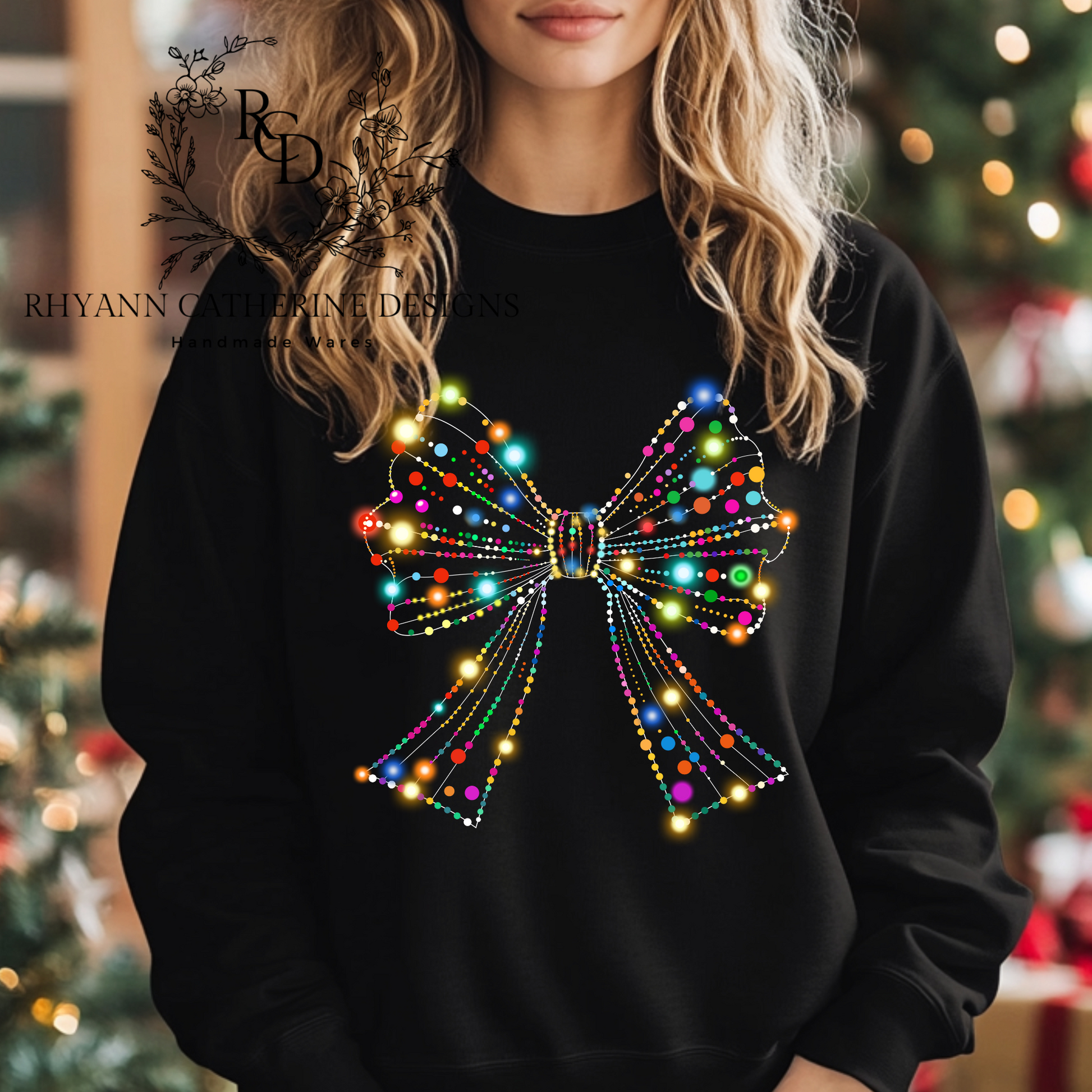 Christmas Light Bow Sweatshirt, Black Crewneck, Front View