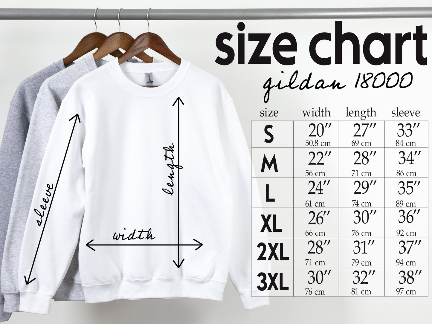 Gildan crewneck size chart, sweatshirt sizes