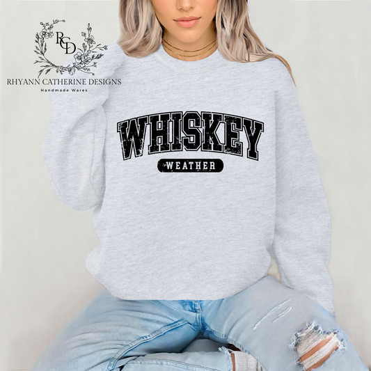 whiskey weather sweatshirt, woman wearing crewneck