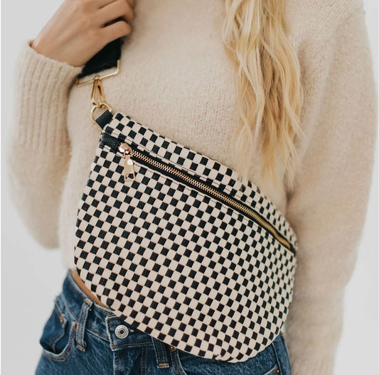 Black and White Checkered Bum Bag, Front View, Shoulder Bag, Crossbody