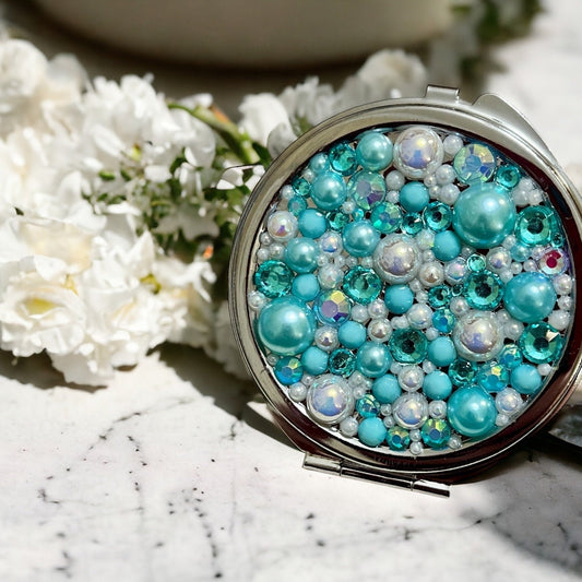 Compact Mirror Pearl Rhinestone Bling Pocket Mirror Gift for Her Pink Bling Mirror for Home Office Compact - Rhyann Catherine Designs